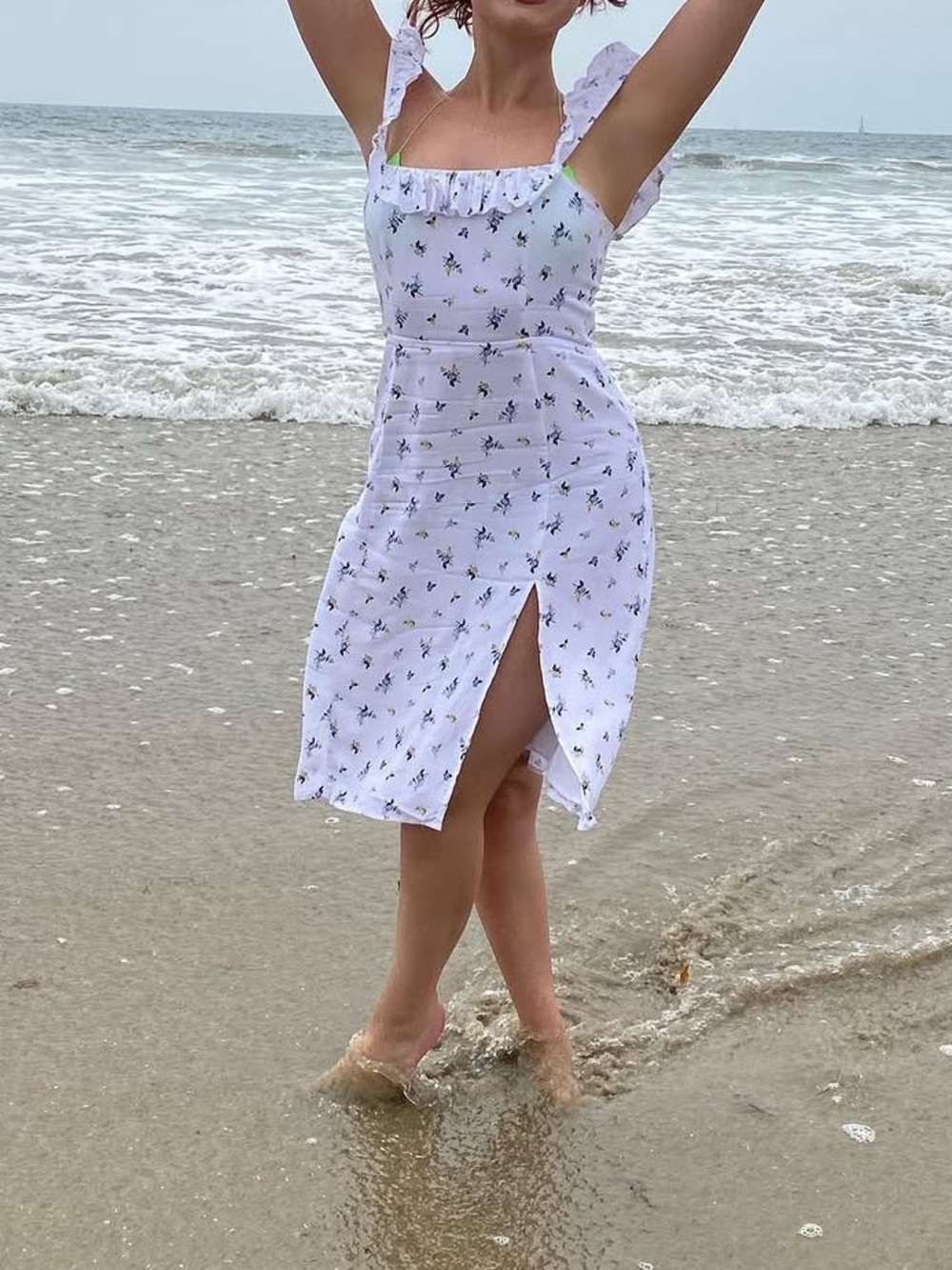 White floral sun dress midi with split cottage-core coquette forever 21 feminine